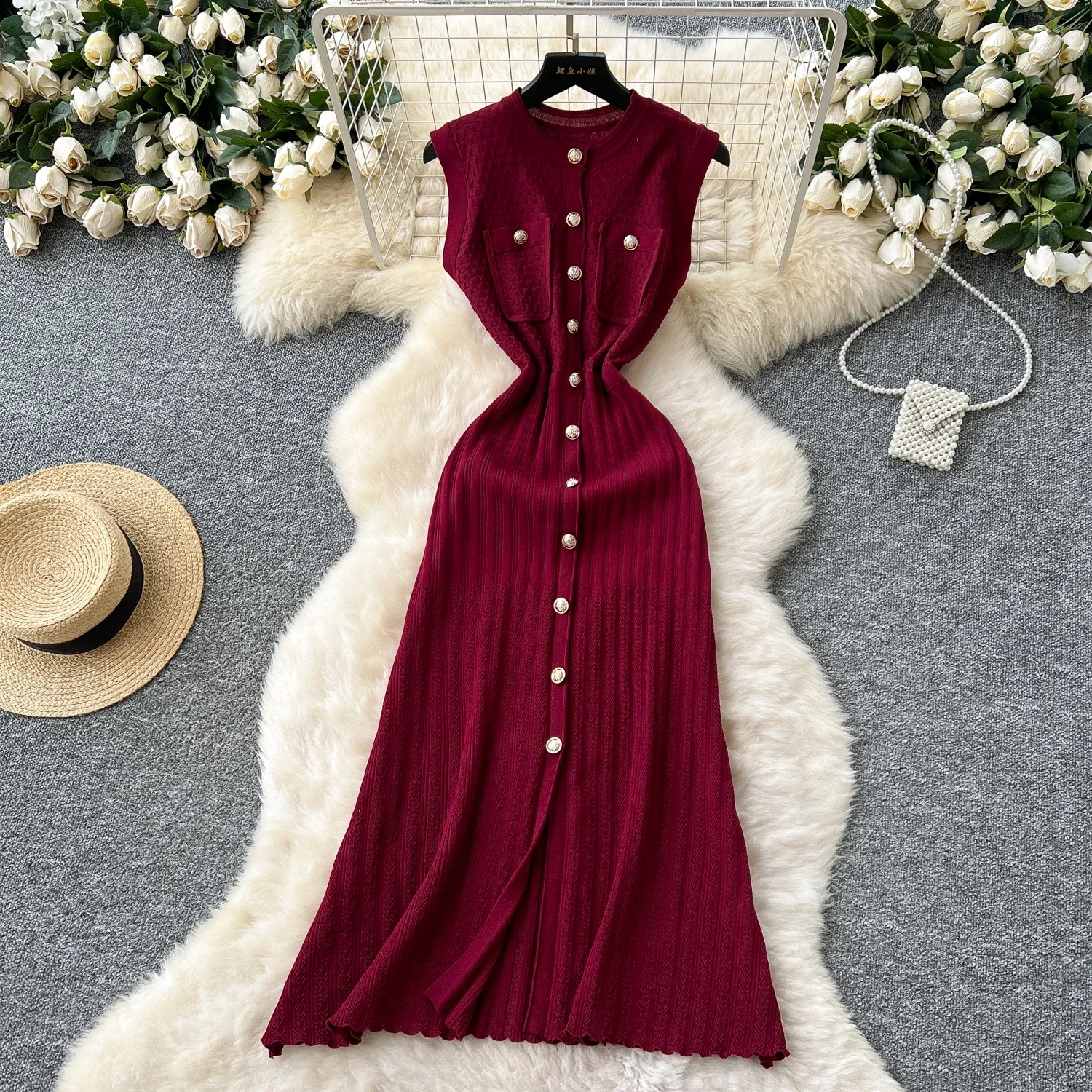 

Office Lady Dress O Neck Sleeveless Single Breasted Chic Elastic Waist Slim Sundress High Quality Knitted DressLIBIELIY