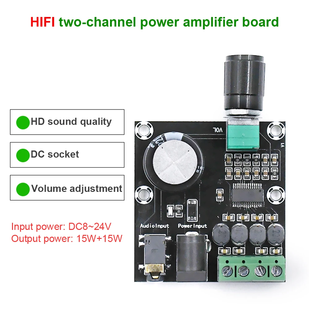

XH-A230 Digital HD Amplifier Board 15W+15W 2.0 Channel Volume Control DC Socket 8V-24V 3.5mm AUX Jack For Desktop Speaker