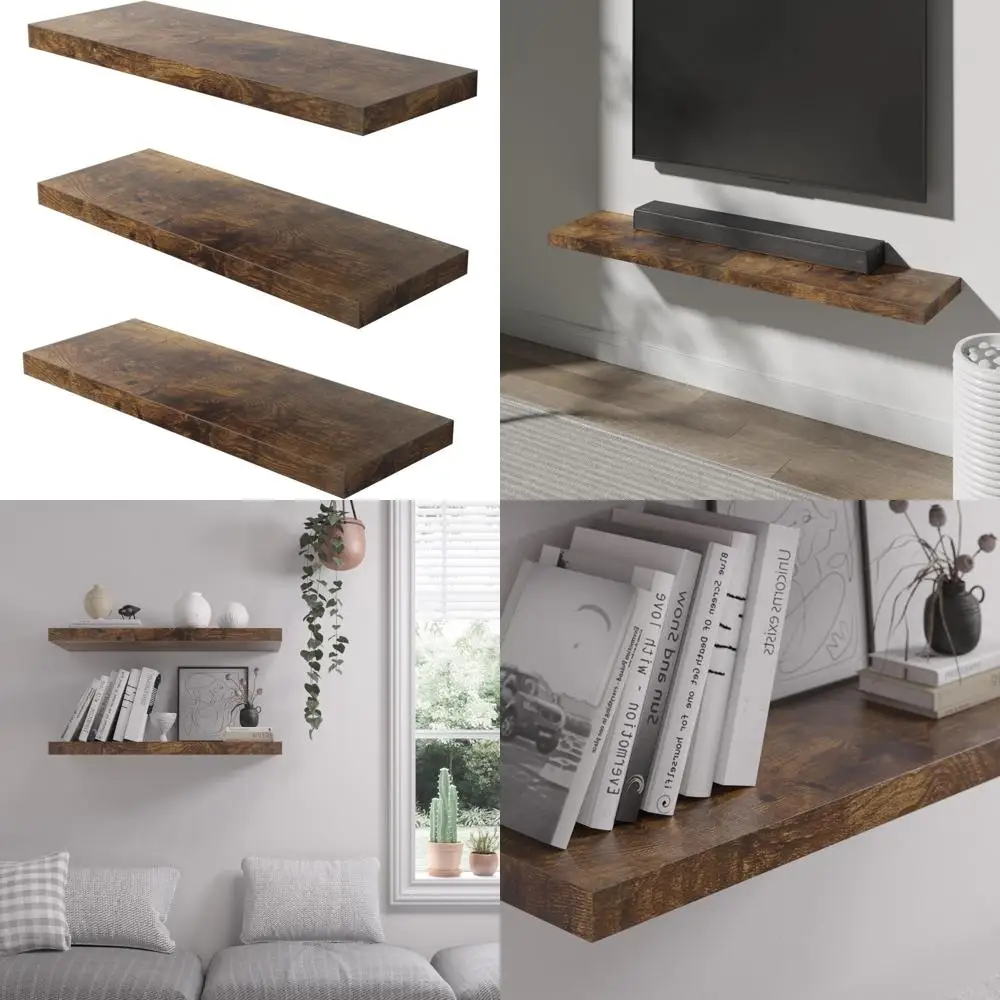 

Набор из трех деревянных настенных плавающих полок шириной 30 x 12,75 глубиной x 2 высоких деревянных с скрытыми кронштейнами для гостиной