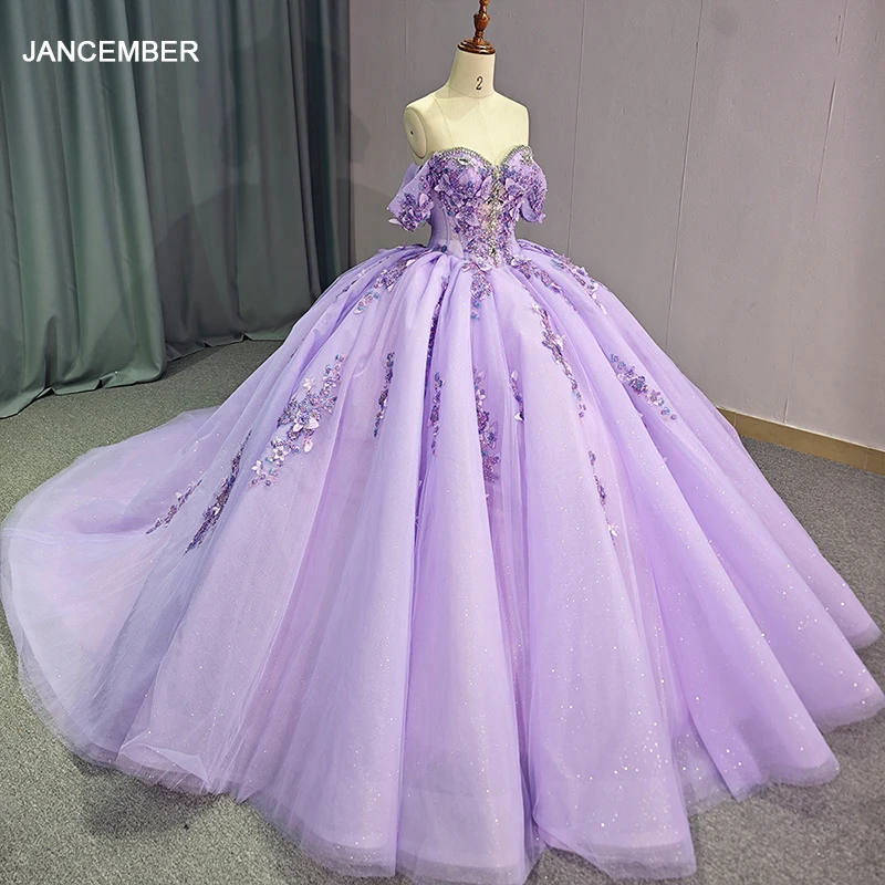 

Shiny Scoop Shiny Quinceanera Dress Party Gown Purple Princess Lace Appliques Beads Crystal Off The Shoulder For 16 Year DY1265