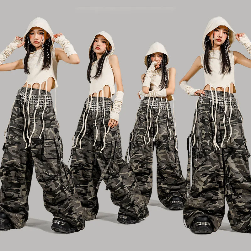

Kid Hip Hop Clothing Khaki Lace up Crop Hoodie Tank Camo Casual Strap Parachute Cargo Pants for Girl Boy Dance Costumes Clothes