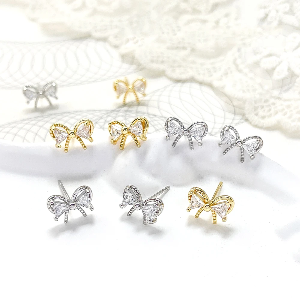 2 Pairs Brass Plated with Genuine Gold Zircon Inlaid Bow Earrings DIY Jewelry Making Semi-finished Product Accessory Materials