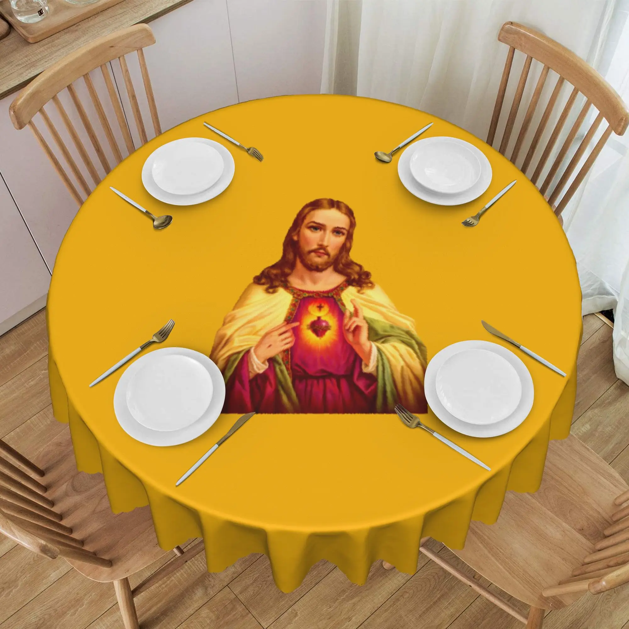 Nappe Ronde Sacré-Cœur de Jésus 70 pouces, Housse de Table de Cuisine Anti-Taches pour Dîner, Couvre-Table Chrétien Catholique