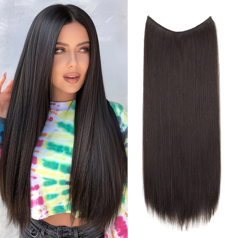 24Inch Long Straight Synthetic Hair Extensions Invisible Fishing Line Hairpieces Heat Resistant Fiber Hair for Women