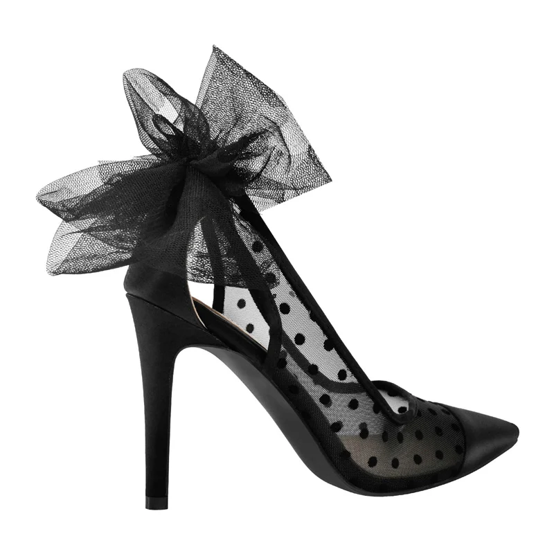 Onlymaker Women Pointed Toe Black Tulle Bow 10CM High Heel Pumps Polka Dots Back Bowknot Mesh Party Prom Pumps