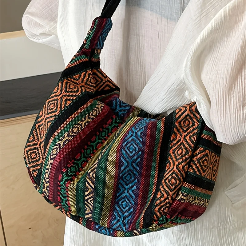 Crossbody Bags Tribal Style Shoulder Bag, Foldable Crossbody Striped Pattern, Flag Theme Hand Washable Edge Painted Lining