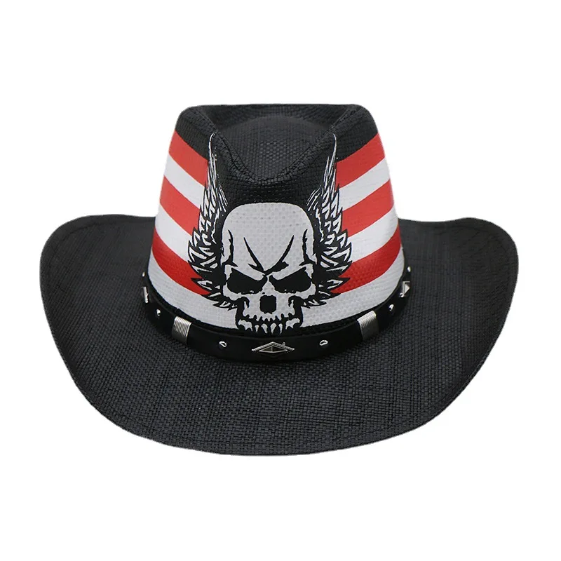 Hot Sale Western Cowboy Hat Black Men's Outdoor Hat Skull Curling Style Straw Hat