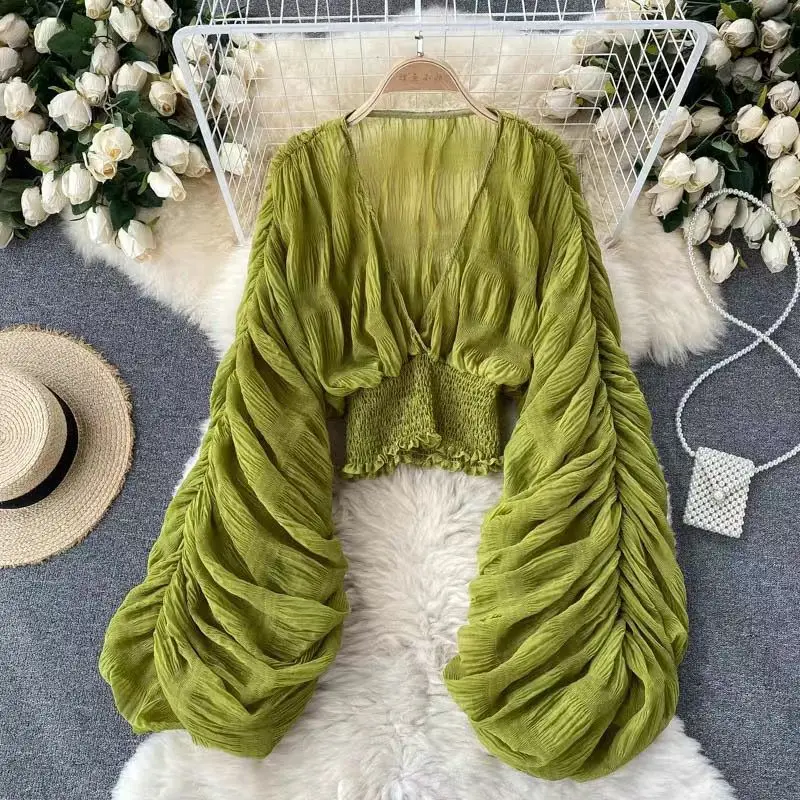 

Draped Chiffon Blouse For Women Elegant V-Neck Puff Sleeves Long Sleeve Short Tops Female Slim Party Shirts 2024 New Fashion