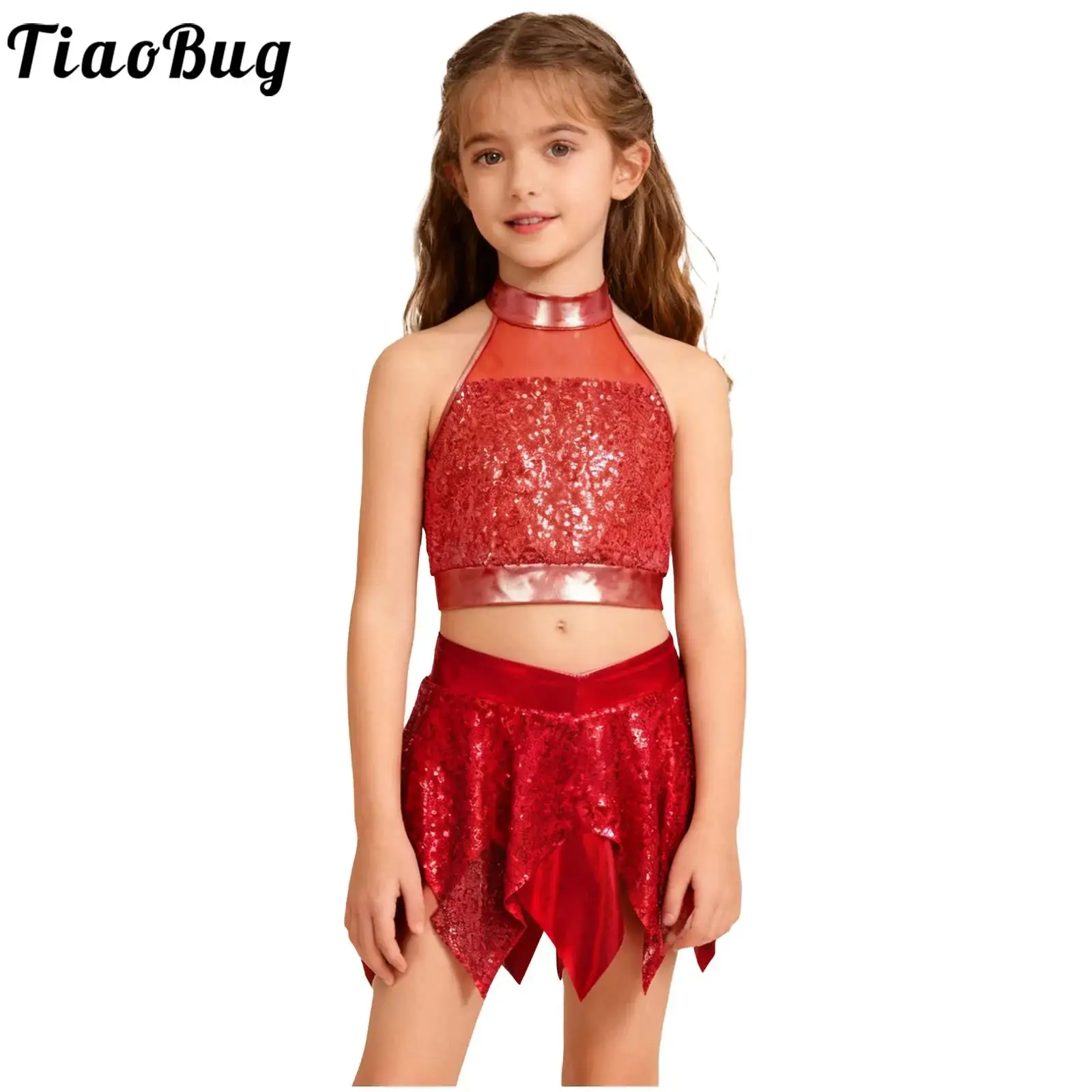Kids Girls Hip Hop Jazz Dance Cheerleading Outfit Shiny Sequin Metallic Crop Tank Top with Culottes for School Party Performance