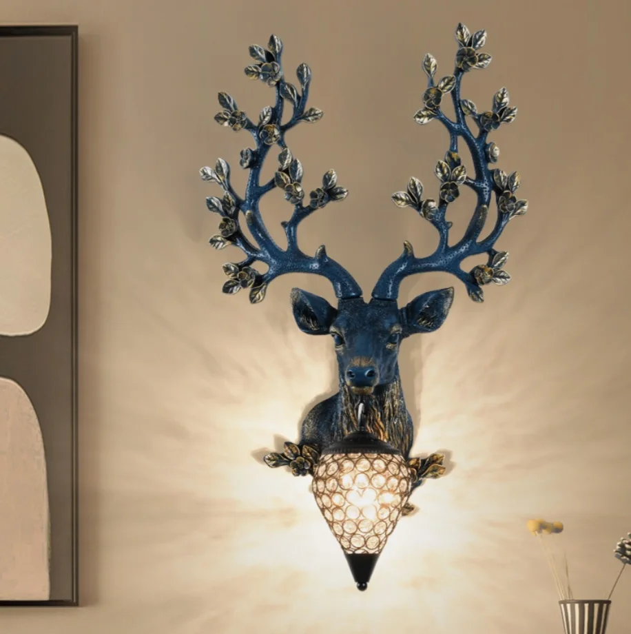 

Sika deer attracts wealth with deer wall lamps American retro living room background wall decoration Corridor staircase European