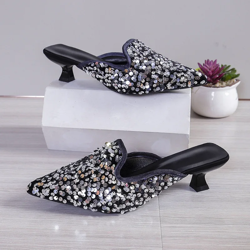 

Slippers Women Fashion Women's Mules New Sexy Party Shallow Slipper Ladies Pointed Toe Bling Shoes Female Heeled Summer Footwear