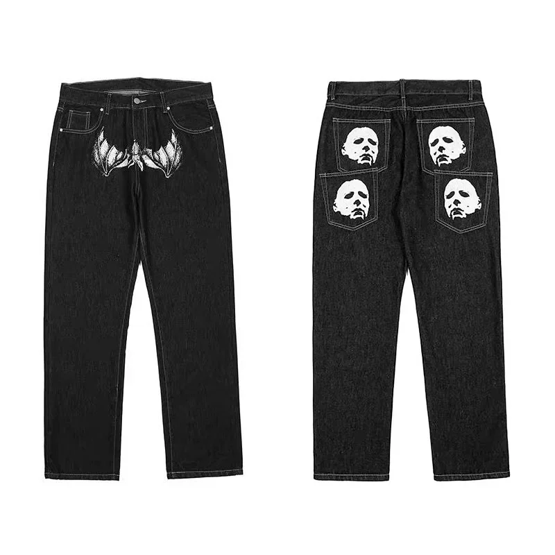

Men's Printed Jeans Hip Hop Loose Black Denim Trousers Straight Leg Pants Spring Fashion Korean Style High Street Trousers Y2K