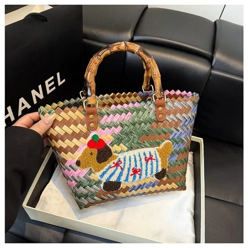 

New Retro Striped Multi-color Woven Tote Bag, Personalized Commuting Women's Handbag, Woven Bag