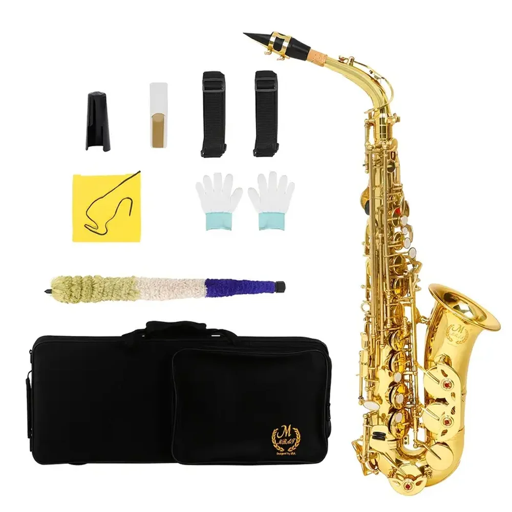 

High pitched saxophone in E major, professional brass body, white shell buttons, gold surface with piano case and accessories