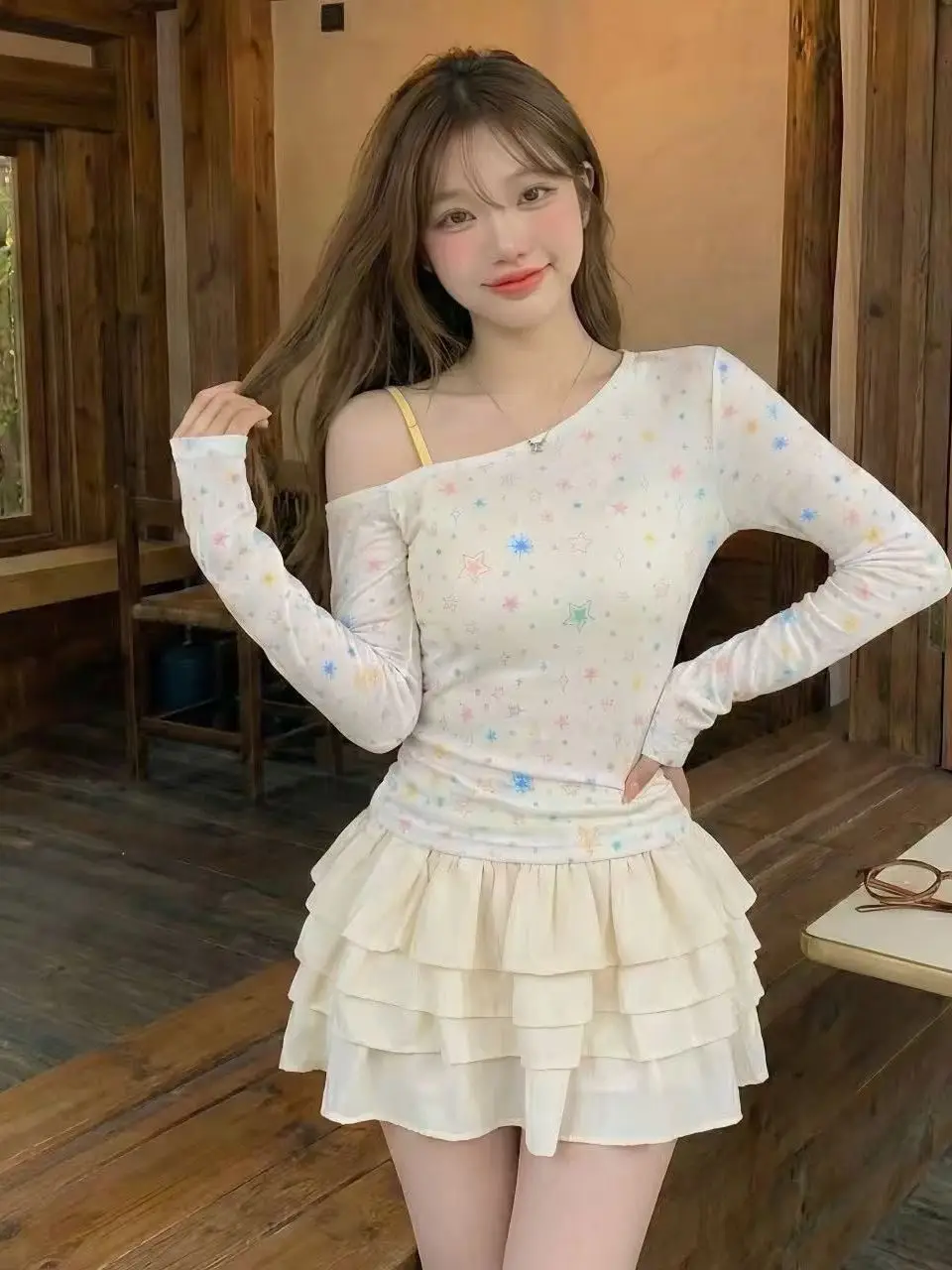 

Beautiful Island Vacation Set Cake Skirt Sweet Style Summer Small Size Cover up Strap Puffy Skirt Three Piece Set