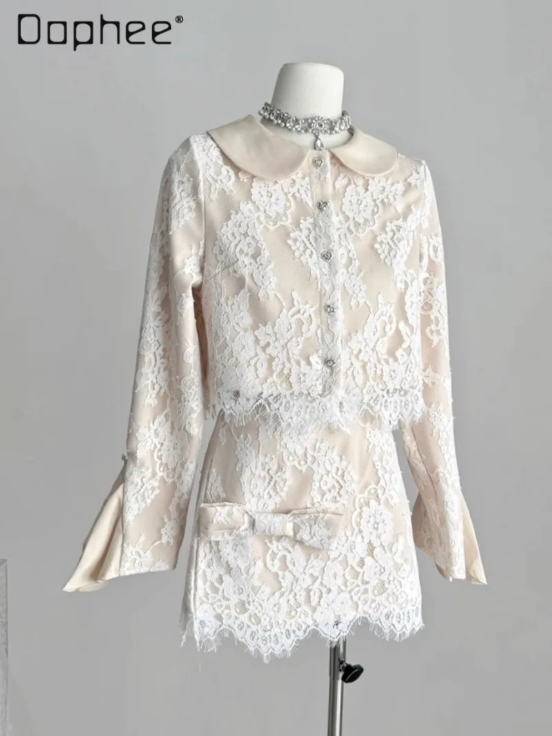 

Sweet French Elegant Socialite Skirt Sets Lace Print Doll Collar Long Sleeve Short Jacket Top + Bow Mini Skirt Two-Piece Set