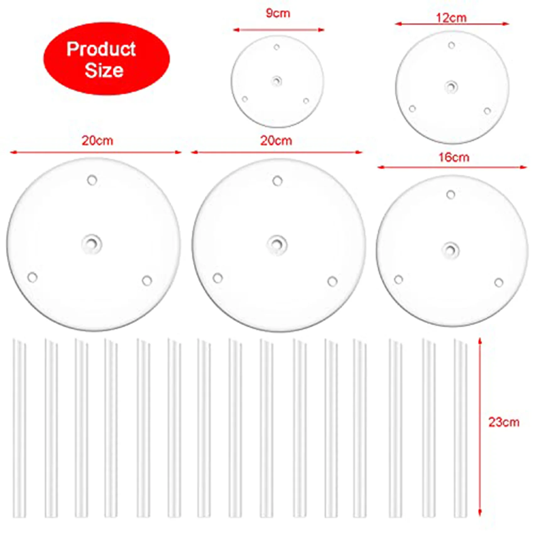 New Cake Plate,5 Cake Stand, Cake Base (9/12/16/20/20 cm) with 15 Dowel Rods, Reusable for Tiered Stacked Cakes, for Wedding