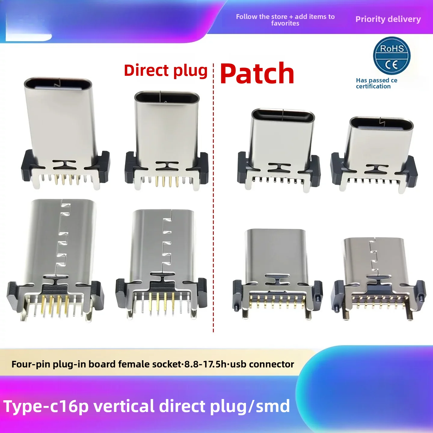 10/50 piezas de conector hembra vertical tipo C16P, interfaz de carga USB de 8.8/9.3/10.0/13.7/17.5H
