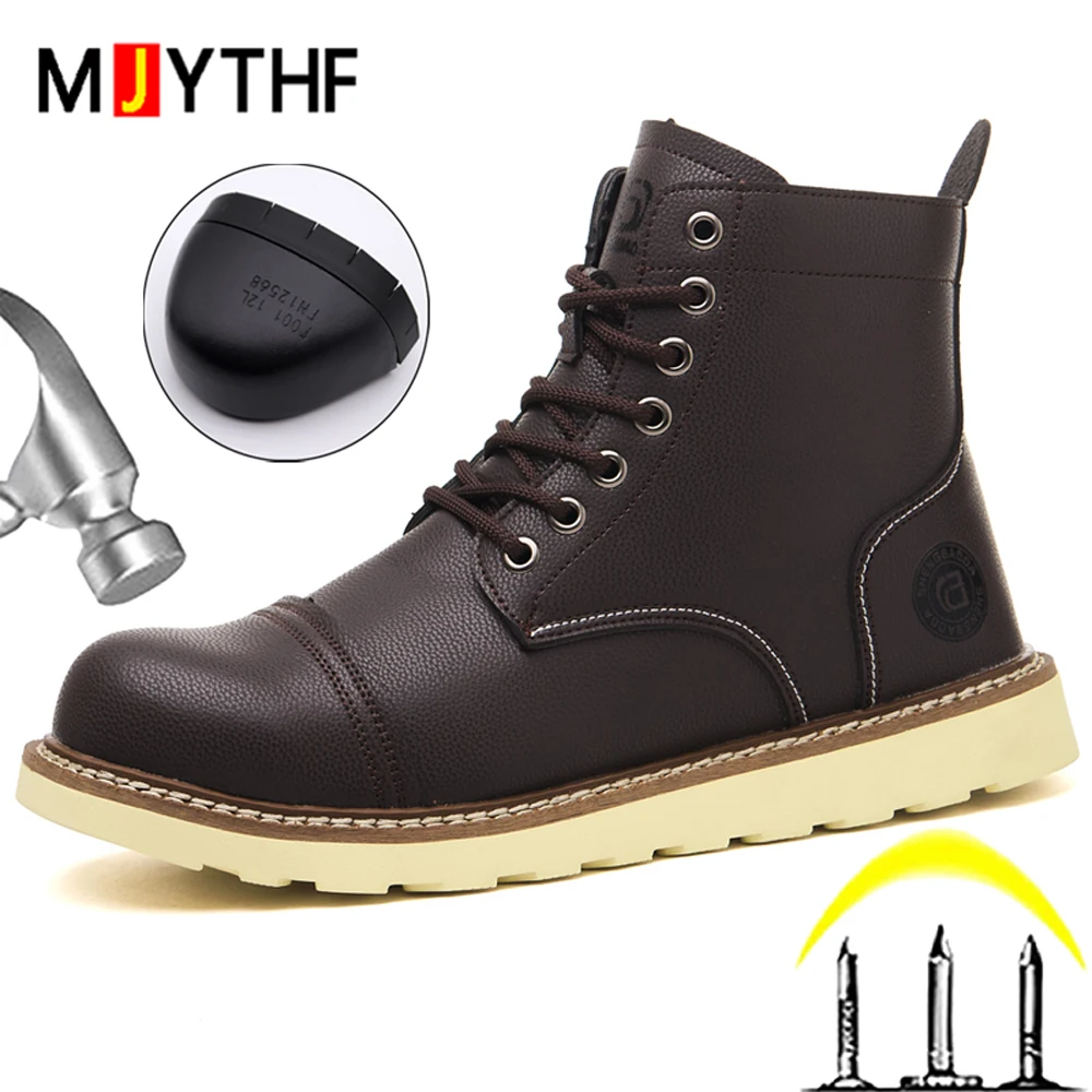 Waterproof Leather Boots Men Work Boots Safety Shoes Men Welding Boots Steel Toe Shoes Puncture-Proof Security Boots Non-slip