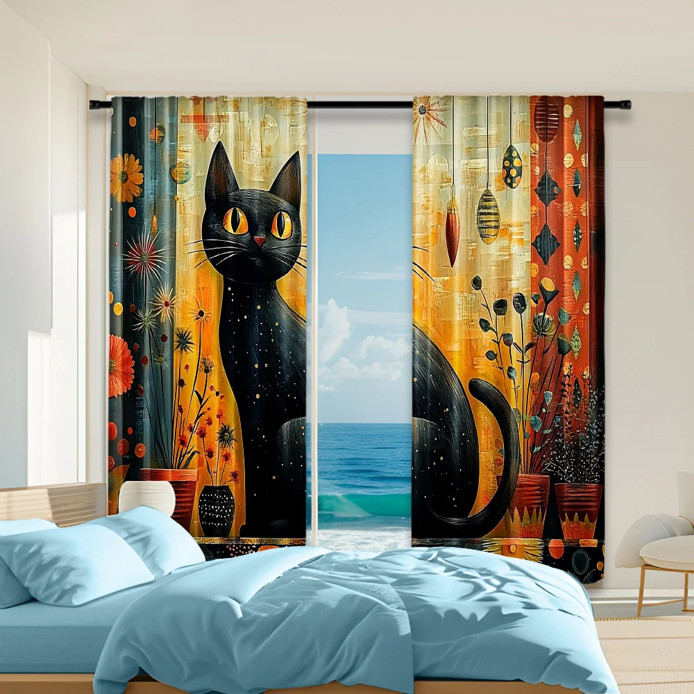 2 pcs, versatile polyester transparent curtains for home decoration Cat Floral for use in bedrooms and living rooms