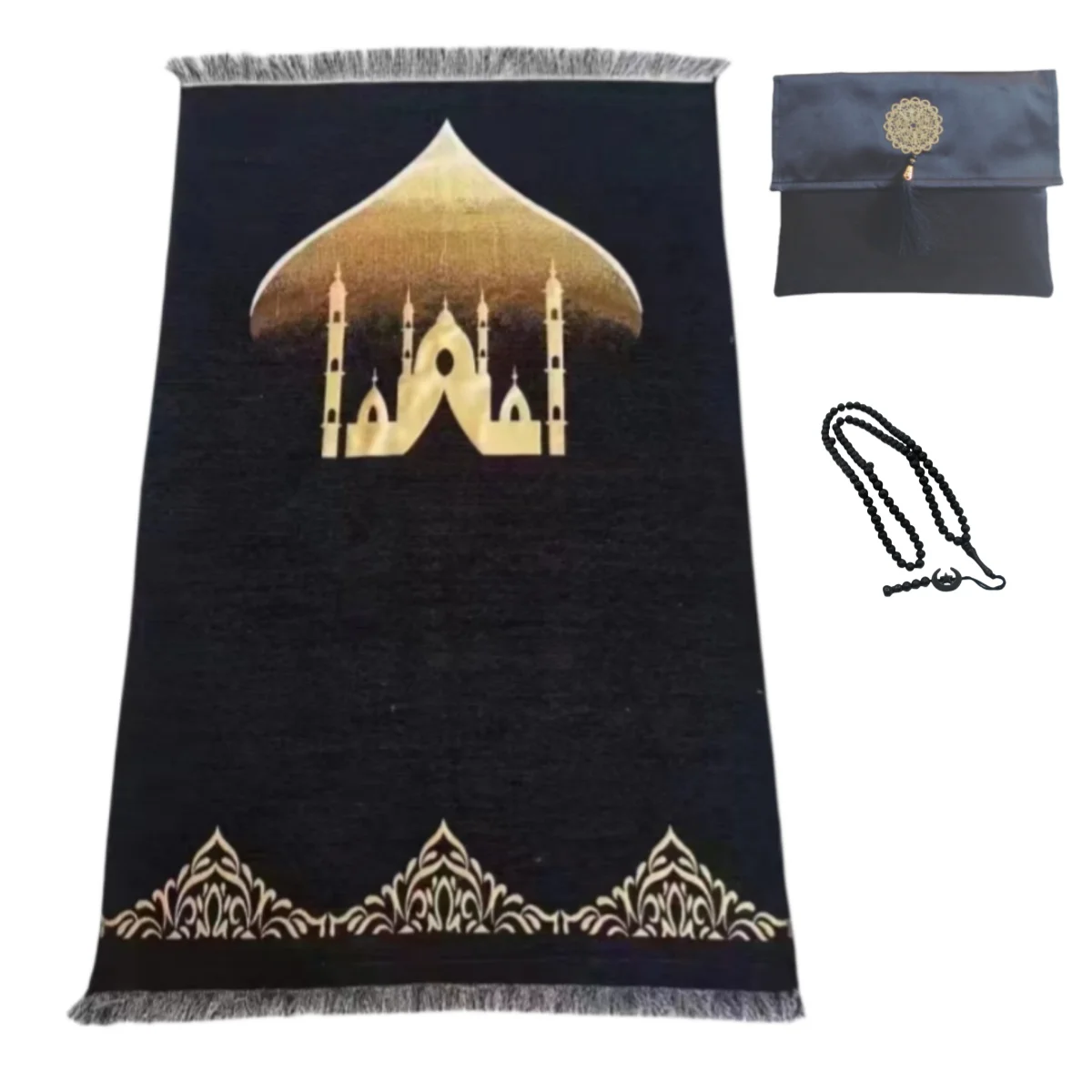 Portable Worship Storage Set, Black Chenille Kaaba Prayer Rug, 99-bead Prayer Beads, Imitation Silk Handbag