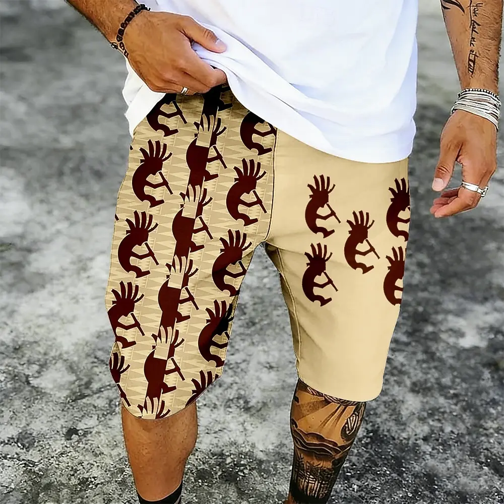 en's Casual Ethnic Shorts Mid Waist Elastic Drawstring Side Pockets Retro Outdoor Vacation Outfit for Spring & Summer