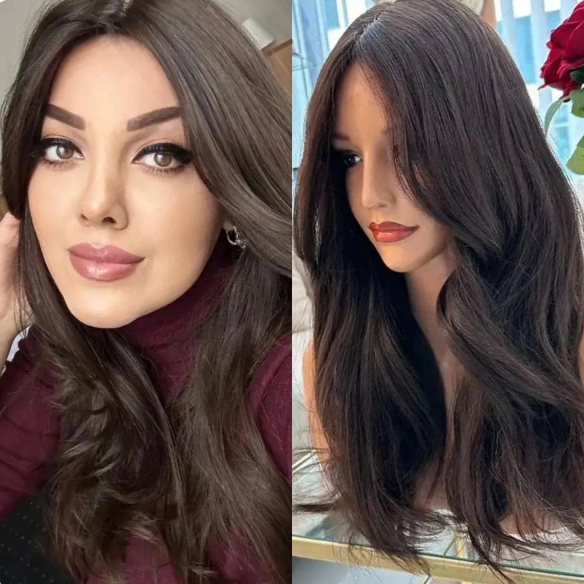 Easy To Wear Chocolate Brown Synthetic Lace Top Wigs Loose Wave Long Length Glueless Wigs Diversified 24 Inches Realistic Hair