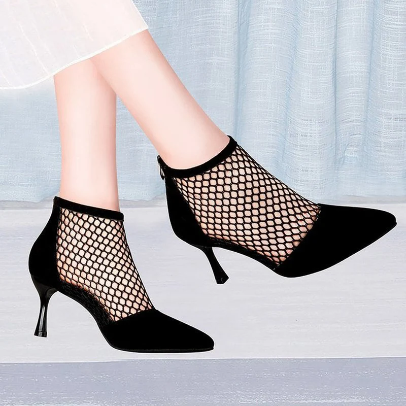 Summer Women High Heels Sexy Fishnet Ankle Boots Heels Suede Heels Pointed Toe Cool Sandals Boots Thin Heels Ladies Casual Shoes