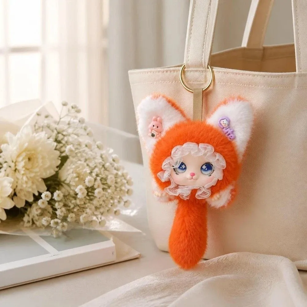 Cute Long Tail Plush Cat Keychain Lace Border Hanging Charm Furry Cat Pendant Kawaii Ornaments Bag Decoration Gift