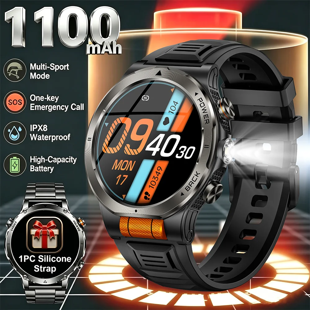 

2026 model 1100-mAh men's smartwatch, 1.43-inch large screen, wireless calling function, compass, and IPX8-3ATM sports watch