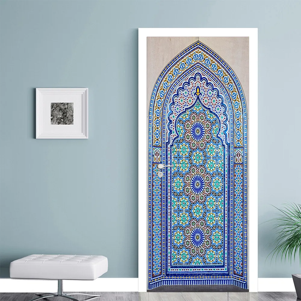 PVC Self-adhesive Removable Muslim Arabic Door Sticker Allahu Islamic Wallpaper Living Room Door Decor 3D Decal Wall Stickers