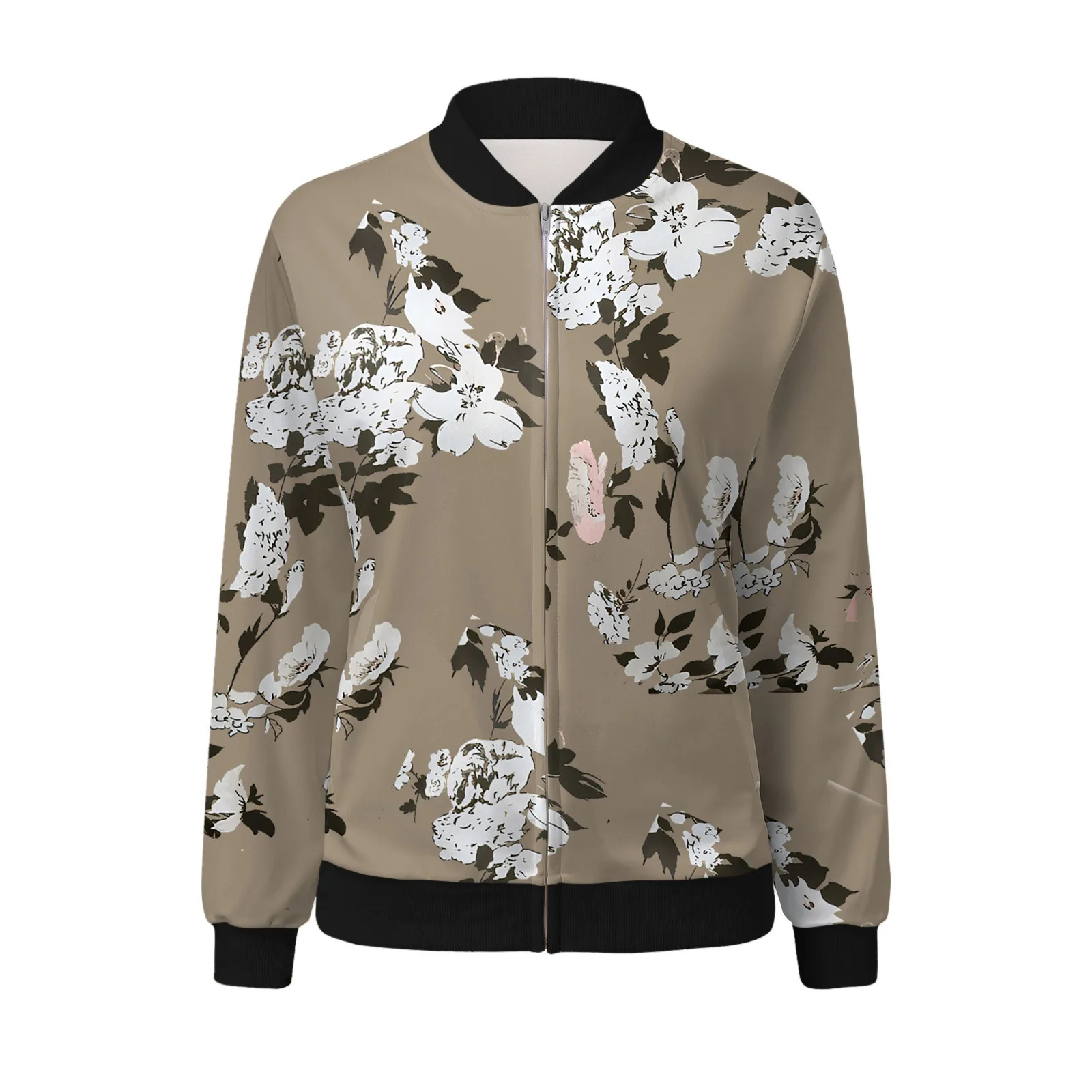 Chaqueta informal con estampado de flores para mujer, abrigo de manga larga con cuello levantado, ropa de exterior con cremallera, cárdigan cálido, uniforme de béisbol, ropa femenina