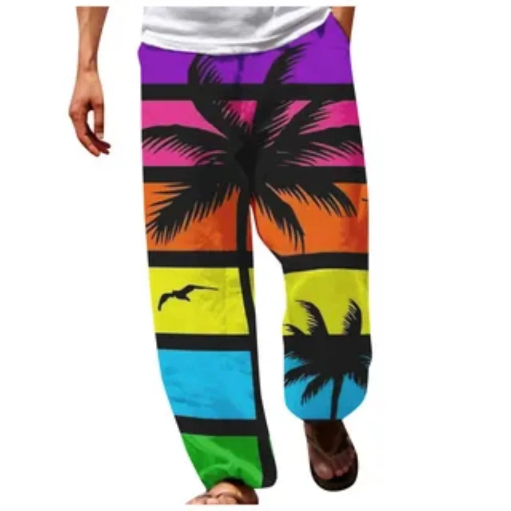 2025 Men's summer fashion wide-leg pants, 3D-printed loose beach pants with American flag, holiday casual wide-leg pants