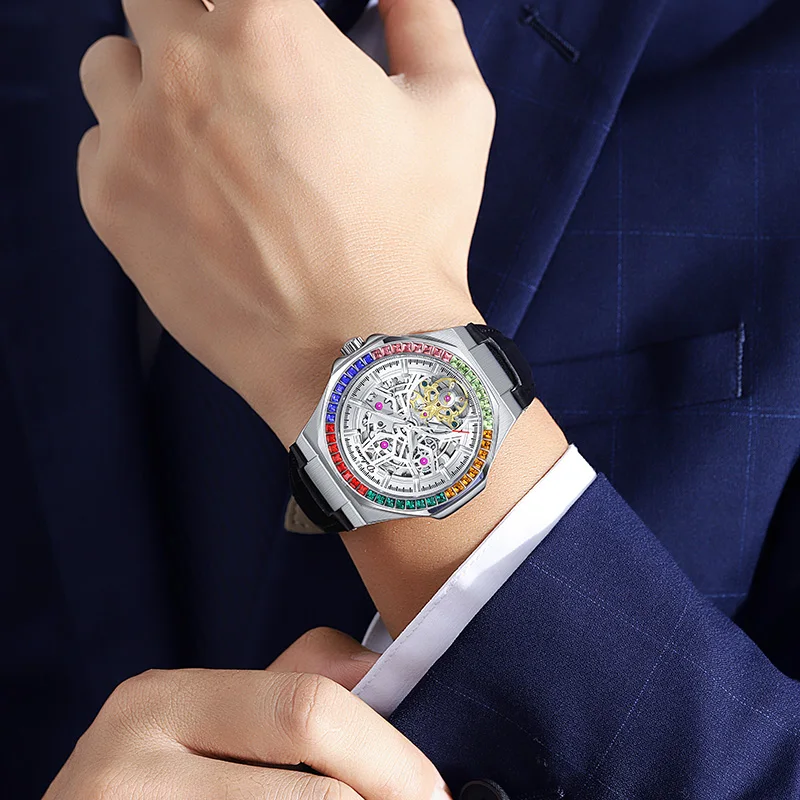 Durenwei Men's Automatic Mechanical Watch Rainbow 2025 New Trendy and Cool Skeleton Design High-End Men's Watch