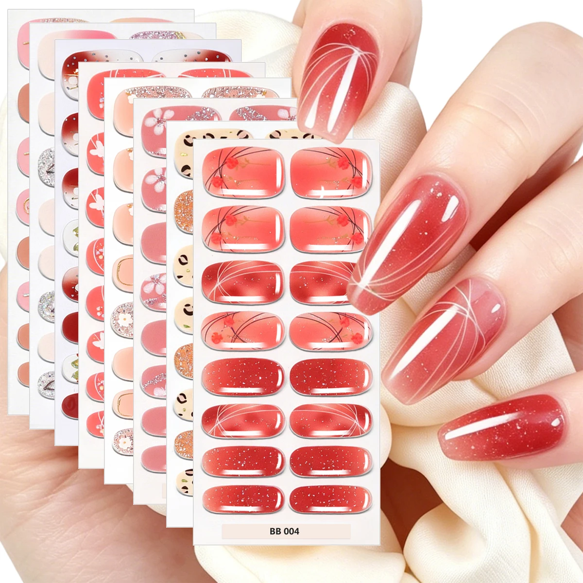 16Tips baking-free gel nail stickers nude gold stamping process stickers, nail polish wrapped without UV/LED lights lasting nail