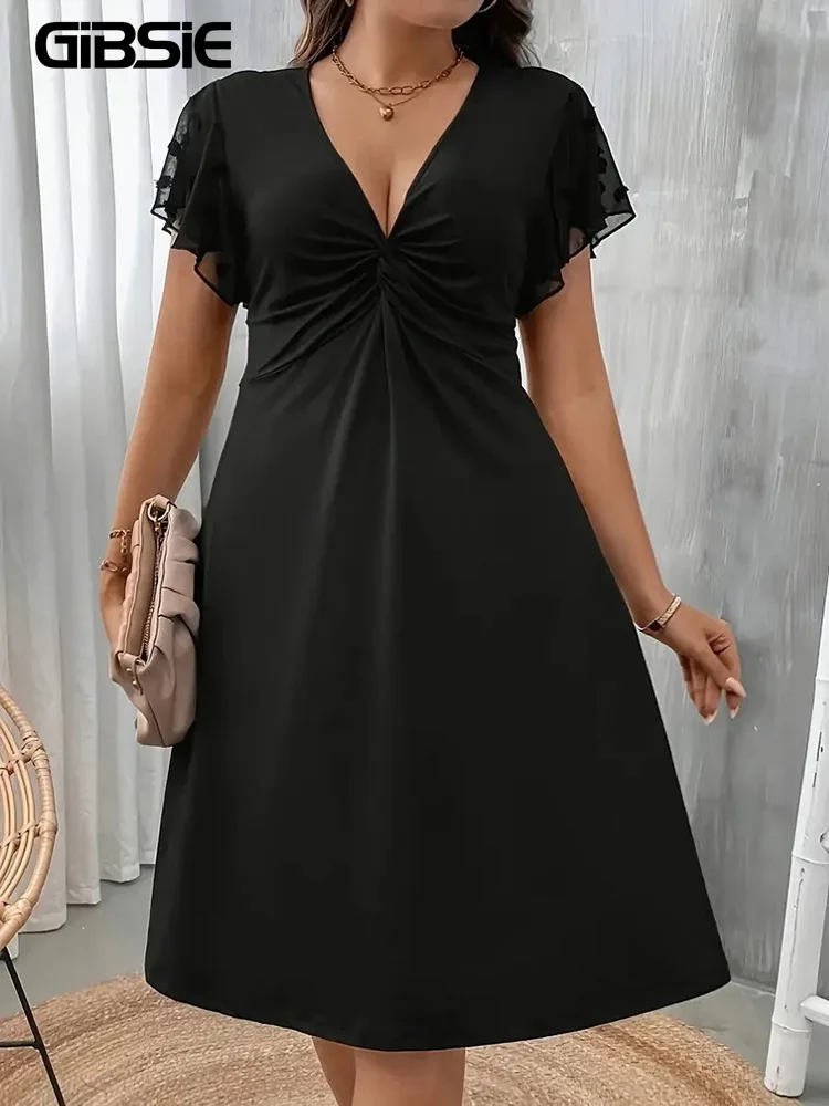 

GIBSIE Plus Size Black Twist Front V-Neck Butterfly Sleeve Dress Women 2025 Summer Elegant High Waist Office Lady A-Line Dresses