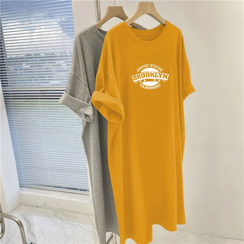 Women Clothing Y2k Letter Printed Dresses, Summer Vintage O-neck Basic Dress, Loose Casual Short Sleeve Knee Length Tunic