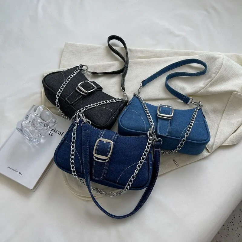 New Fashionable Popular Denim Personalized Design Exquisite Texture Shoulder Underarm Small Square Bag