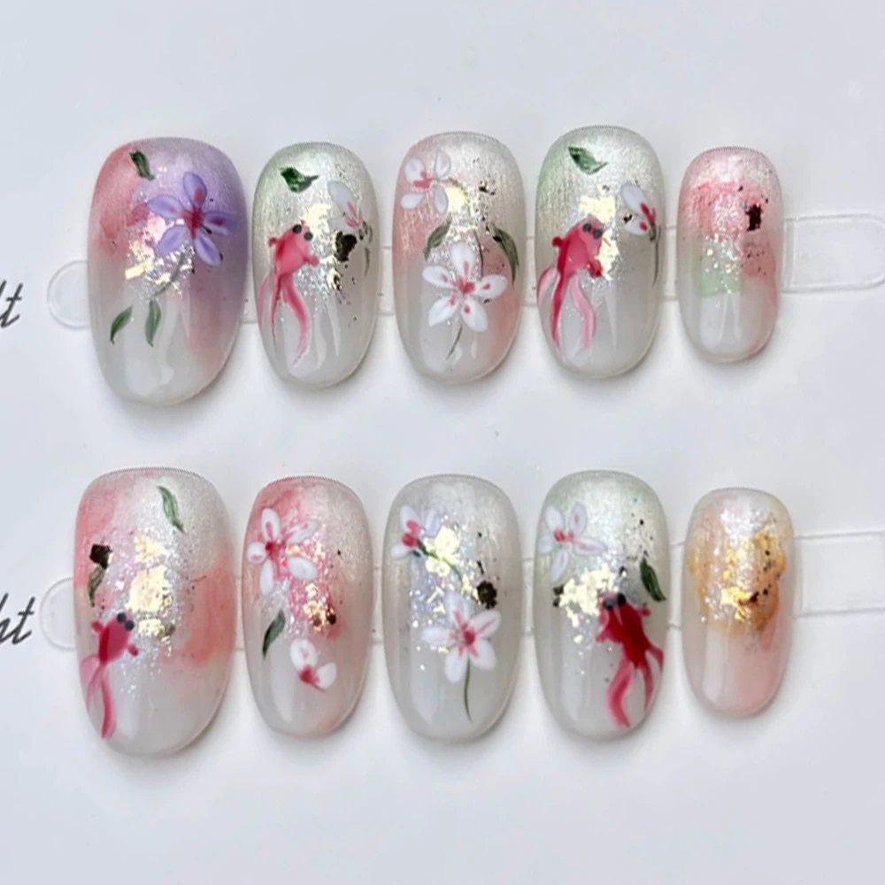 Unghie finte di alta qualità, dolci e fresche, rimovibili, con copertura completa, fiori di perle 3D, sfera in acciaio, design bowknot, unghie finte rotonde quadrate corte