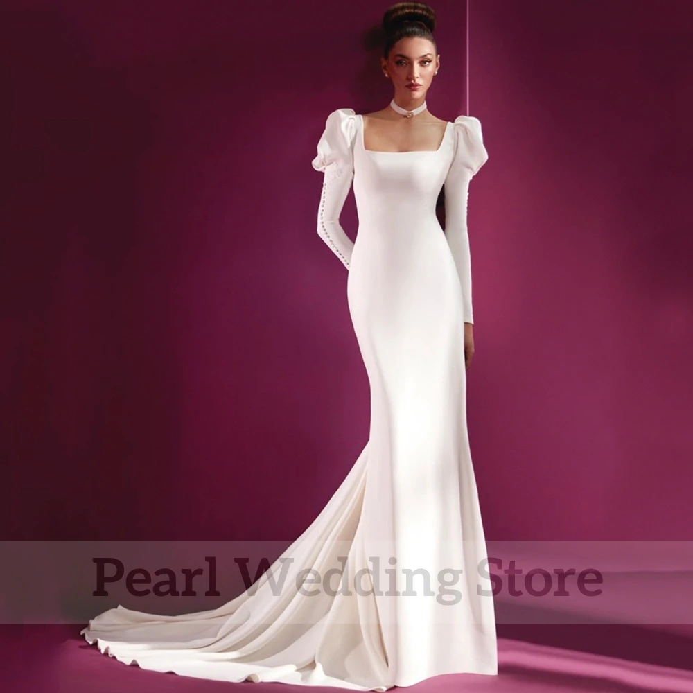 Vintage Square Collar Mermaid Wedding Dress Long Sleeve with Buttons Sexy Illusion Applique Bridal Sweep Train Luxury Gowns