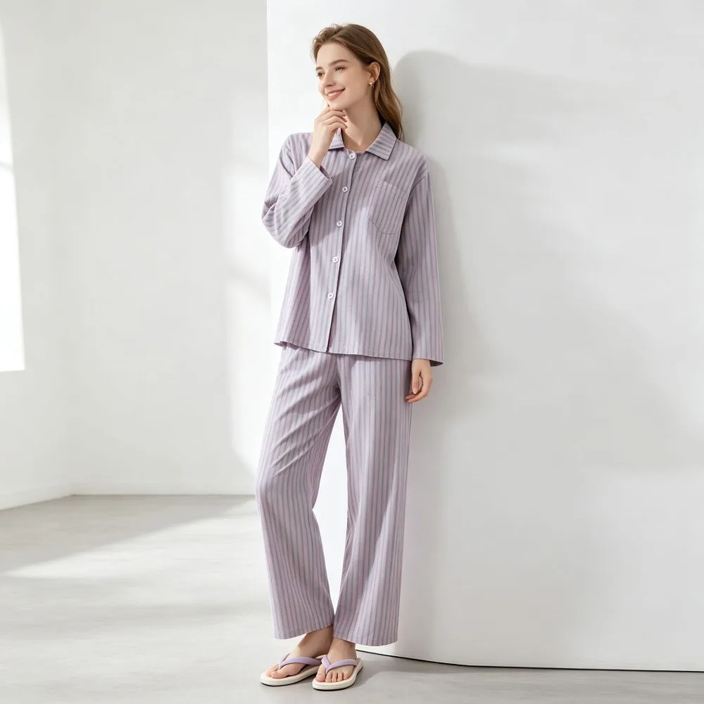 Women's Pure Cotton Pajama Set Thin Stripe Long Sleeve Buttons Lapel Tops & Elastic Pants Autumn New Loungewear Pyjama Female