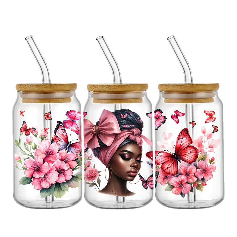 Custom Stickers Butterfly UV DTF Cup Wrap Flowers Transfers Stickers DIY Labels Selfadhesive Waterproof For 16OZ Glass Libbey