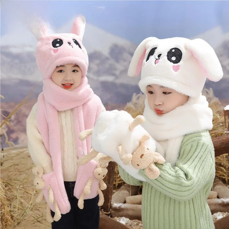 children's-winter-hat-scarf-gloves-integrated-rabbit-ear-moving-plush-cap-girls-outdoor-sweet-cute-cartoon-style-round-top