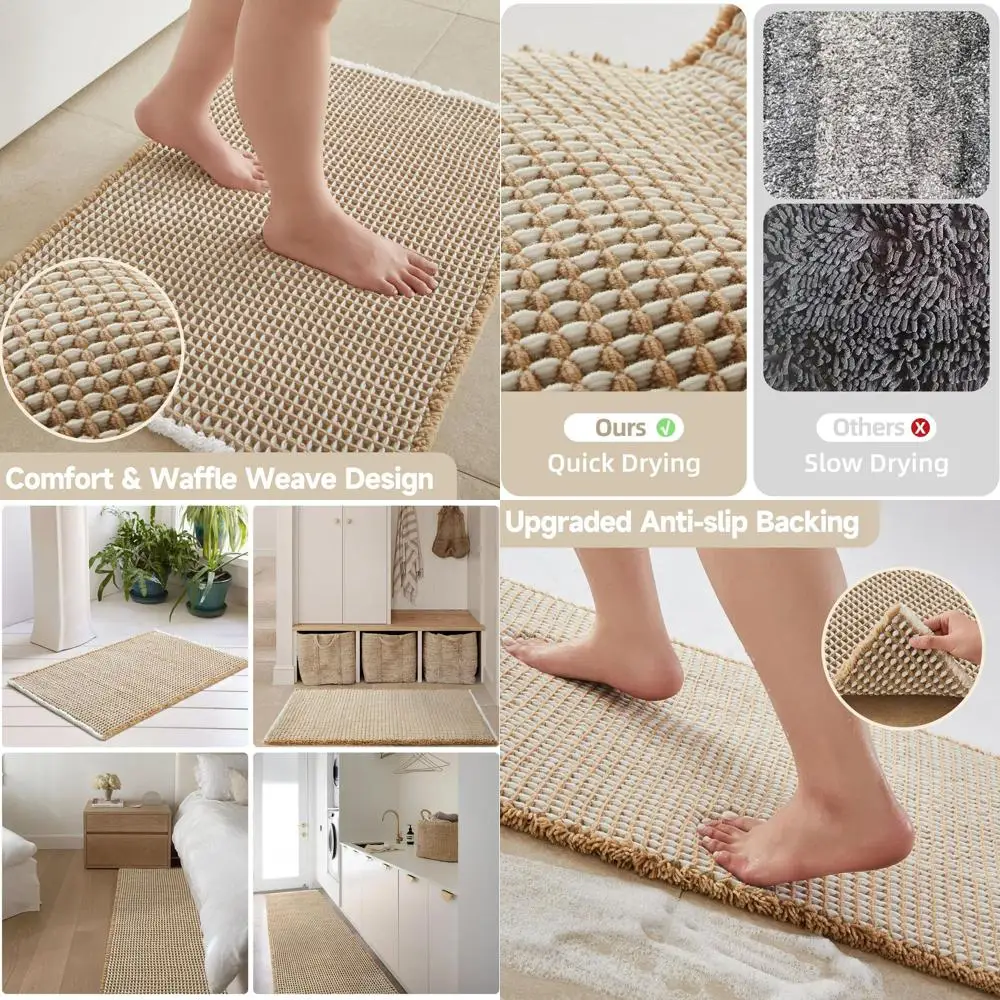 

Khaki & White 72x24 Farmhouse Style Boho Bathroom Mat - Non-Slip, Absorbent, Quick-Dry Waffle Runner Rug