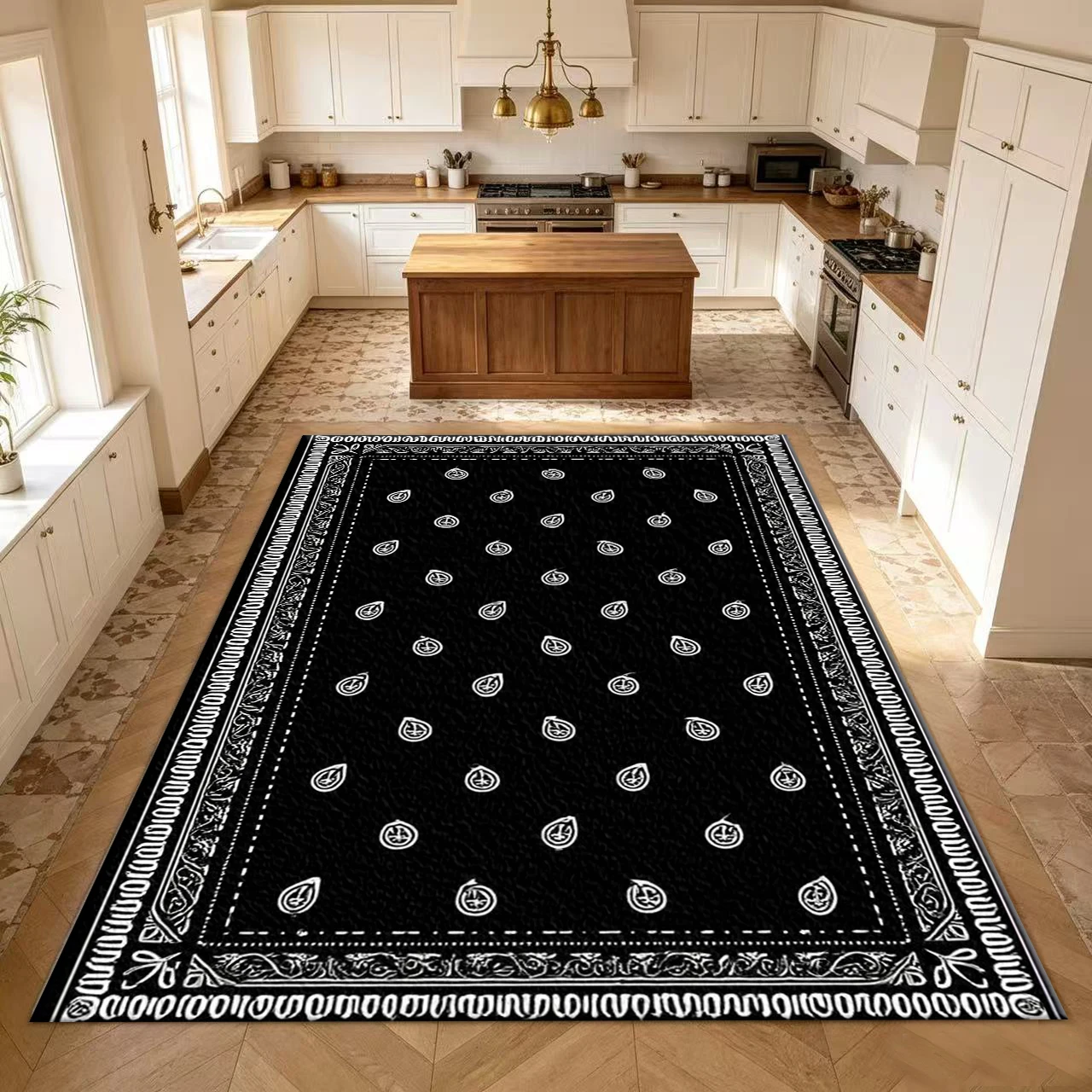 Black Background with White Paisley Pattern, Turban-Style Carpet, Classic Printed Carpet, Home Floor Mat for Living Room Decoration