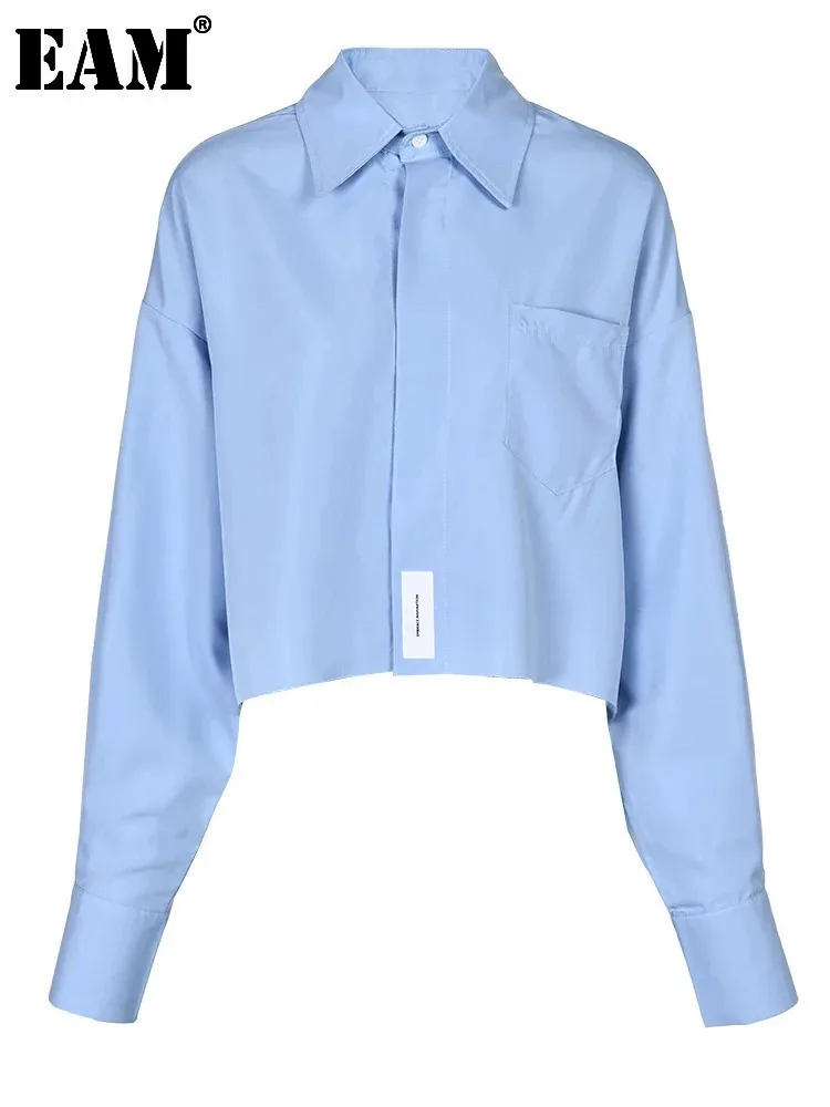 

Женская блузка с отложным воротником EAM, синяя Короткая свободная рубашка с длинным рукавом, большие размеры, весна-осень 2024
