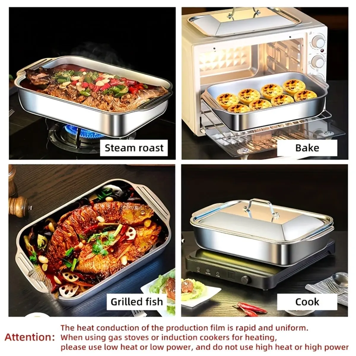 A013 Stainless Steel Rectangular Deep Tray with Handle Rust-Proof Multi-Purpose Food Storage Tray for Kitchen Use Tools