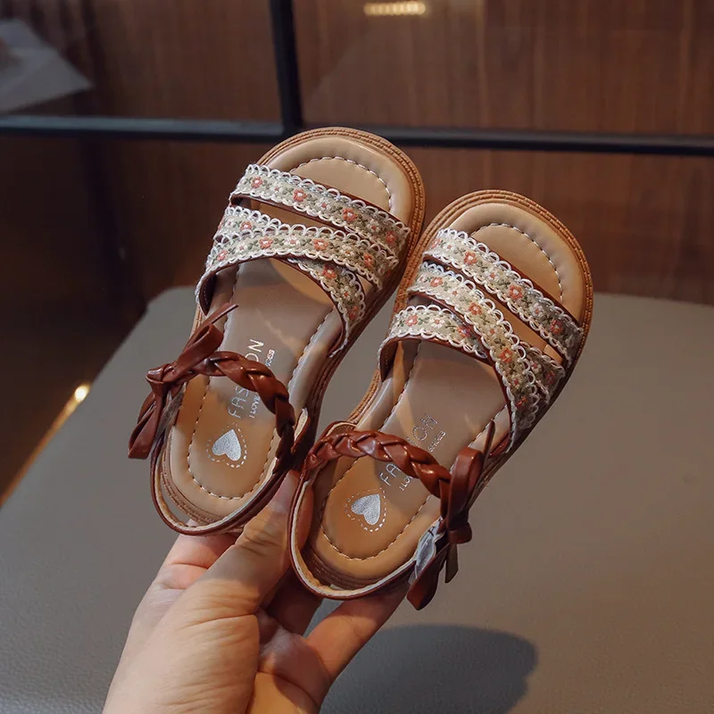 Girls Sandals 2024 Summer New Children Shoes Princess Shoes Korean Version Bowtie Fashion Baby Flats Kids Beach Shoes Size 22-36