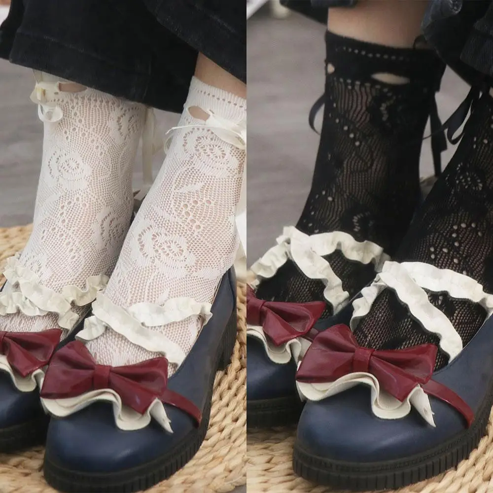 

Trendy Ribbon Bow Y2K Mesh Short Socks Hollow Transparent Women Mid-Calf Sock Hosiery Harajuku Lolita JK Socks Girls