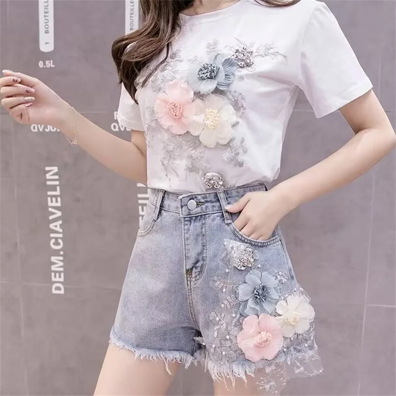 Summer Beading Women Sets Sequins Embroidery 3D Flower Short Sleeve T Shirt And Hole Jeans Skirt 2pcs Female Skirt Suits 3XL 692